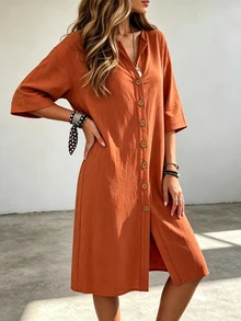 SHEIN LUNE CURVE Boho Casual Brown Linen Shirt Dress, Half-Open Collar, Single-Breasted, 3/4 Rolled Sleeves, Loose Fit, Mid-Length Fall Thanksgiving Vacation Going Out - Orange - View 4