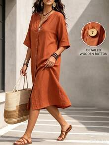SHEIN LUNE CURVE Boho Casual Brown Linen Shirt Dress, Half-Open Collar, Single-Breasted, 3/4 Rolled Sleeves, Loose Fit, Mid-Length Fall Thanksgiving Vacation Going Out - Orange - View 3