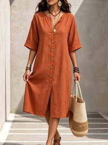 SHEIN LUNE CURVE Boho Casual Brown Linen Shirt Dress, Half-Open Collar, Single-Breasted, 3/4 Rolled Sleeves, Loose Fit, Mid-Length Fall Thanksgiving Vacation Going Out - Orange - View 5