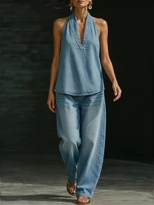 Balvessa Plus Size Casual Halter Neck Denim Top - Blue - View 3