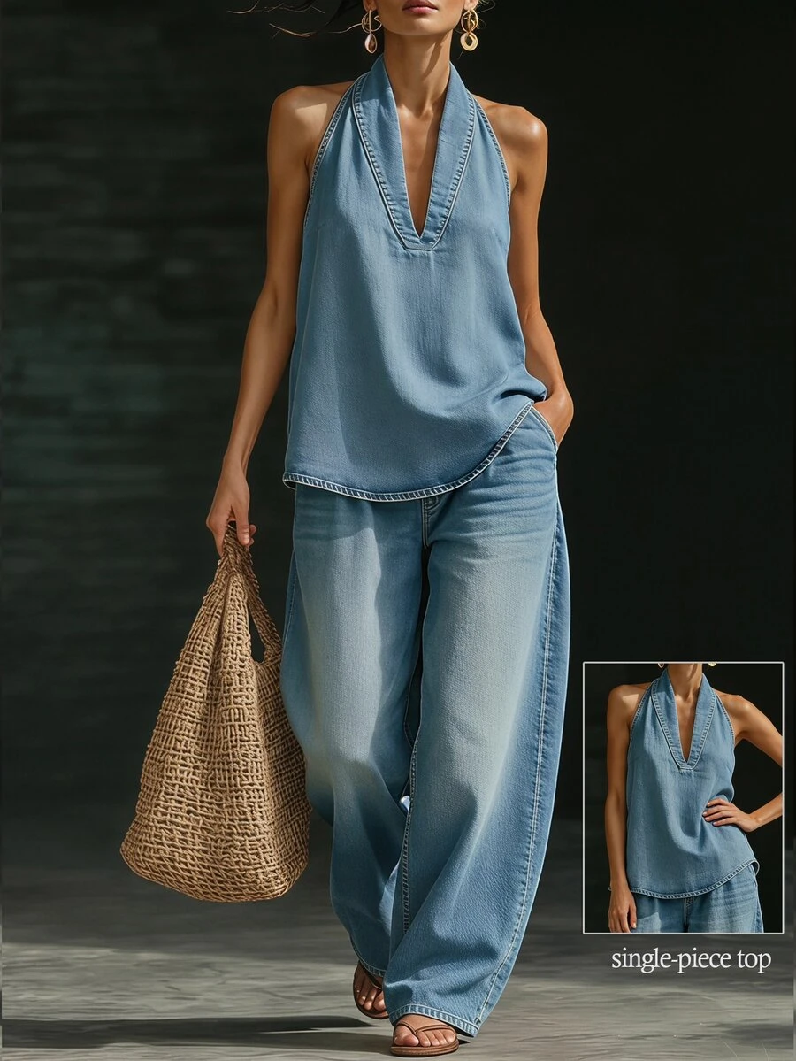 Balvessa Plus Size Casual Halter Neck Denim Top - Blue - View 1