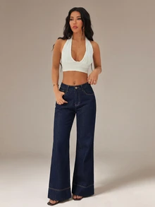 SHEIN PETITE Women's High Waist Pocket Elegant Commute Flare Jeans - Blue - View 5