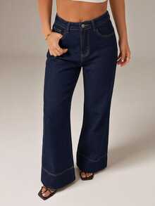 SHEIN PETITE Women's High Waist Pocket Elegant Commute Flare Jeans - Blue - View 6