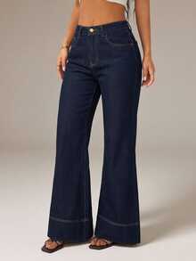 SHEIN PETITE Women's High Waist Pocket Elegant Commute Flare Jeans - Blue - View 7