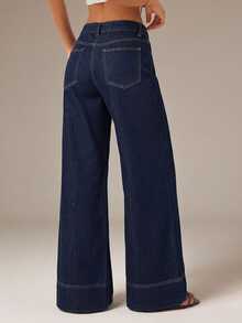 SHEIN PETITE Women's High Waist Pocket Elegant Commute Flare Jeans - Blue - View 3