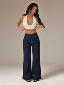 SHEIN PETITE Women's High Waist Pocket Elegant Commute Flare Jeans - Blue - View 8