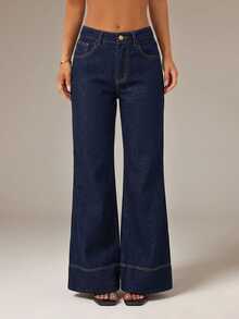 SHEIN PETITE Women's High Waist Pocket Elegant Commute Flare Jeans - Blue - View 9