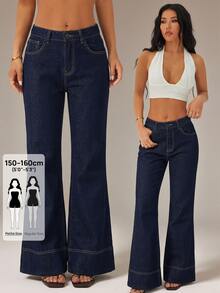 SHEIN PETITE Women's High Waist Pocket Elegant Commute Flare Jeans - Blue - View 2