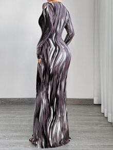 SHEIN SXY 性感女人线渐变图案 V 领长袖超长修身连衣裙 - 彩色 - 查看 3