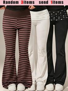 SHEIN Girls Casual Striped Print Minimalist Slim Fit Long Pants, Fall Clothes, Fall, Random 3pcs Send 1pc, Holiday Outfits - Brown - View 4