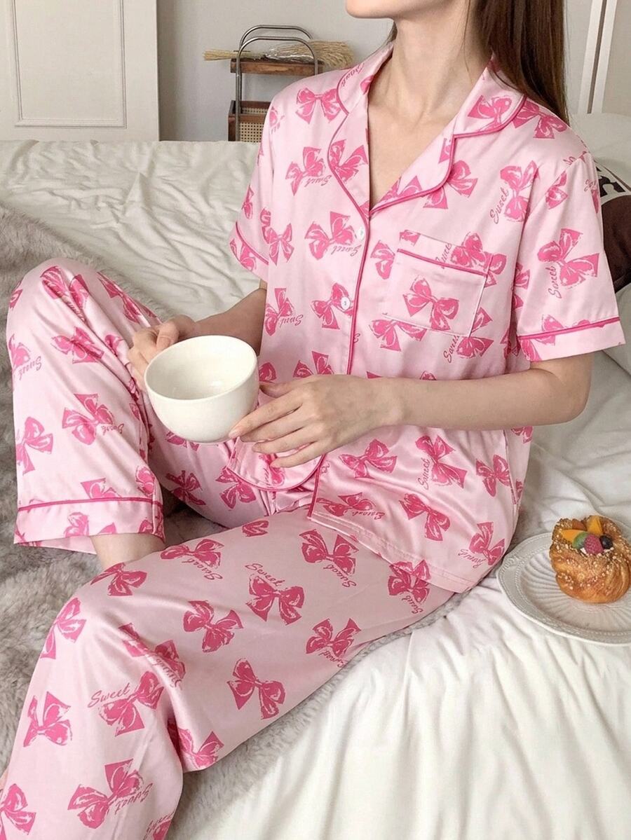 青少年女孩睡衣新款蝴蝶印花針織阻燃翻領開襟衫,對比色桃紅色條紋休閒短袖長褲兩件套居家服 1套 - 粉色 - 查看 1