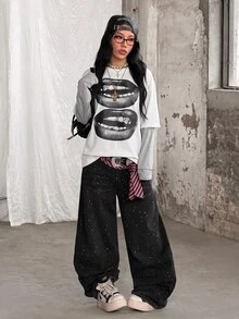 Coolane 女款秋冬街頭風休閒學院風 Grunge Punk Goth 棉質寬鬆長袖 T-shirt - 白色 - 查看 2