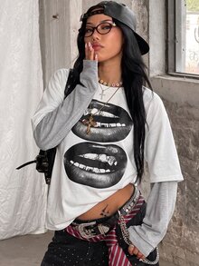 Coolane 女款秋冬街頭風休閒學院風 Grunge Punk Goth 棉質寬鬆長袖 T-shirt - 白色 - 查看 4