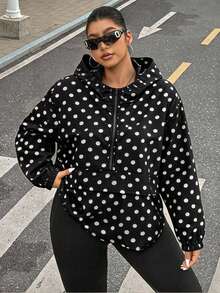 Comfortcana Plus Size Vintage Polka Dot Hooded Zip-Up Jacket Coat Fall - Black - View 1