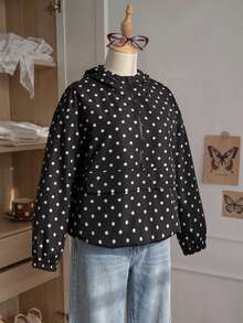 Comfortcana Plus Size Vintage Polka Dot Hooded Zip-Up Jacket Coat Fall - Black - View 2
