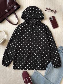 Comfortcana Plus Size Vintage Polka Dot Hooded Zip-Up Jacket Coat Fall - Black - View 5