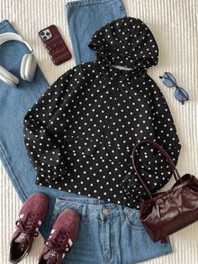 Comfortcana Plus Size Vintage Polka Dot Hooded Zip-Up Jacket Coat Fall - Black - View 7
