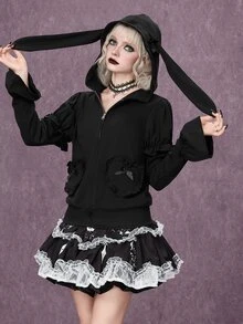 ROMWE Goth Kawaii Rabbit Ear Lolita Dark Halloween Outfit Slim Fit Open Front Hooded Sweatshirt - Black - View 9
