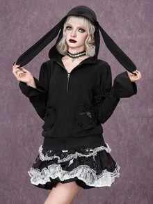 ROMWE Goth Kawaii Rabbit Ear Lolita Dark Halloween Outfit Slim Fit Open Front Hooded Sweatshirt - Black - View 8
