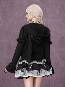 ROMWE Goth Kawaii Rabbit Ear Lolita Dark Halloween Outfit Slim Fit Open Front Hooded Sweatshirt - Black - View 2
