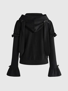 ROMWE Goth Kawaii Rabbit Ear Lolita Dark Halloween Outfit Slim Fit Open Front Hooded Sweatshirt - Black - View 12