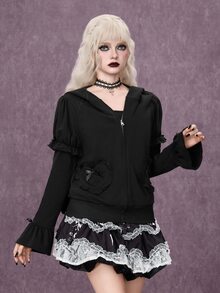 ROMWE Goth Kawaii Rabbit Ear Lolita Dark Halloween Outfit Slim Fit Open Front Hooded Sweatshirt - Black - View 6