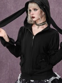 ROMWE Goth Kawaii Rabbit Ear Lolita Dark Halloween Outfit Slim Fit Open Front Hooded Sweatshirt - Black - View 10