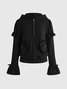 ROMWE Goth Kawaii Rabbit Ear Lolita Dark Halloween Outfit Slim Fit Open Front Hooded Sweatshirt - Black - View 11
