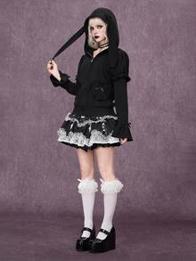 ROMWE Goth Kawaii Rabbit Ear Lolita Dark Halloween Outfit Slim Fit Open Front Hooded Sweatshirt - Black - View 1