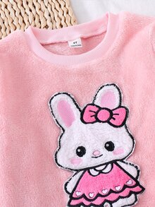 2件組女孩兔兔刷毛睡衣，3D兔兔貼花刺繡，柔軟可愛秋冬女孩珊瑚絨條紋居家服套裝，純色上衣搭配波浪條紋長褲，甜美配色，寬鬆圓領＋收口袖，舒適適合居家與休閒外出 - 粉色 - 查看 4