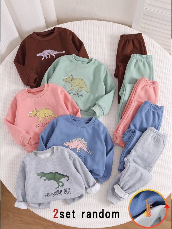 Conjunto de Moletom e Calça Jogger Infantil Masculino para Férias e Halloween, Casual Outdoor, Tricô Macio, Cinza e Azul Liso, Fofo e Quente, Fibra de Poliéster, Estilo de Férias, Gola Redonda, Manga Longa, Estampa de Dinossauro em Foil, Padrão de Desenho Animado, Volta às Aulas, Outono/Inverno