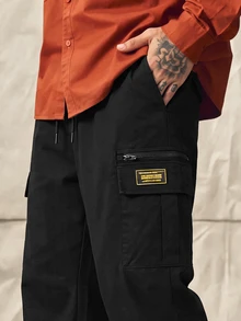 Norleigh Celana Panjang Kargo Pria dengan Saku Samping dan Tali Serut, Model Longgar, Potongan Lurus, Merek Kuning, Celana Olahraga Kasual Luar Ruangan - Hitam - View 3