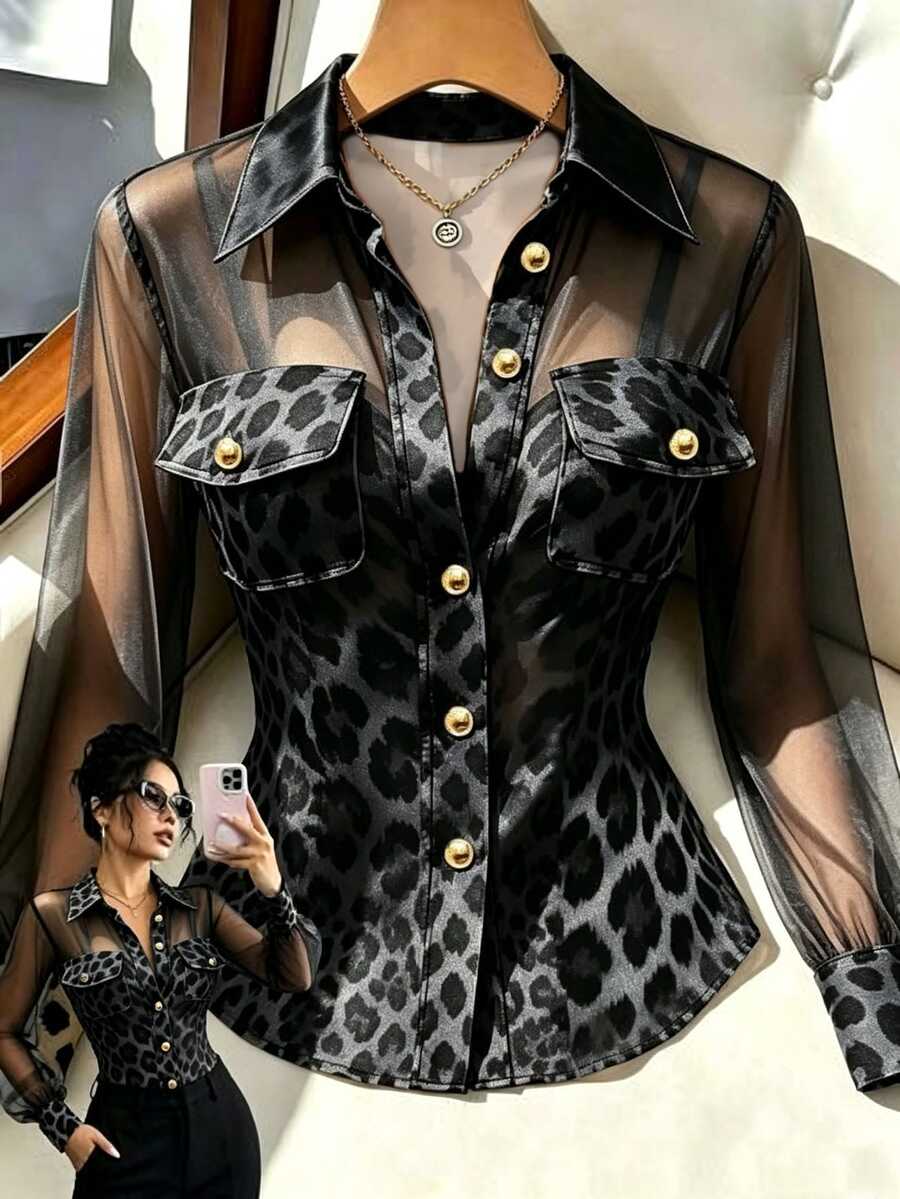 GlowEve 女款秋季通勤時尚豹紋拼接網紗T恤 - 灰色 - 查看 1