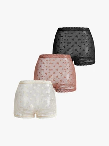 Bisouelle 3pcs/Set Sweet Heart Jacquard Mesh Lace Trim Panties - Multicolor - View 4