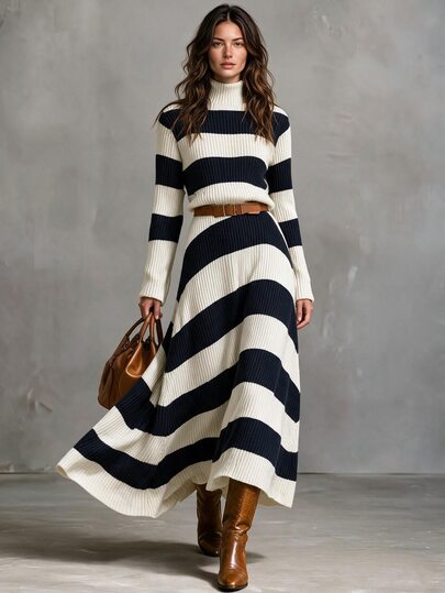 Solivie Setelan Sweater Wanita 2 Potong, Sweater Leher Tinggi + Rok Rajut A-Line, Setelan Dua Potong Bergaris, Elegan Vintage, Pakaian Kasual Sehari-hari