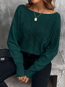 EMERY ROSE Leisure Women's Batwing Sleeve Knit Pullover Fall Winter Sweater - Dark Green - View 4