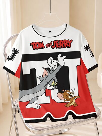 TOM & JERRY X SHEIN חולצת טי קז'ואל לנשים במידה גדולה עם הדפס אותיות ודמויות קריקטורה, צווארון עגול ושרוול קצר