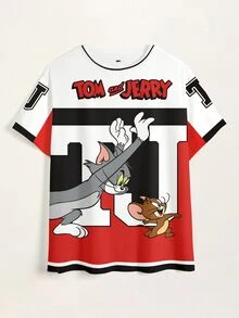 TOM & JERRY X SHEIN 大尺碼女款字母卡通印花圓領短袖休閒T恤 - 白色 - 查看 7