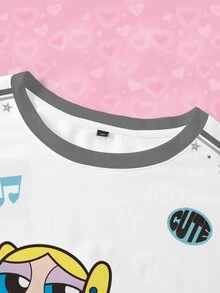THE POWERPUFF GIRLS X SHEIN Plus Size Summer Casual Colorblock Patchwork Cartoon Print T-Shirt - White - View 3