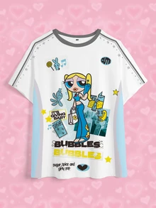 THE POWERPUFF GIRLS X SHEIN Plus Size Summer Casual Colorblock Patchwork Cartoon Print T-Shirt - White - View 7