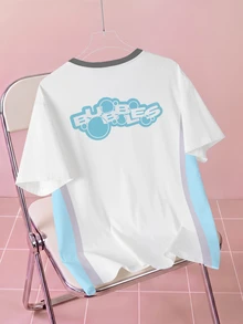 THE POWERPUFF GIRLS X SHEIN Plus Size Summer Casual Colorblock Patchwork Cartoon Print T-Shirt - White - View 2