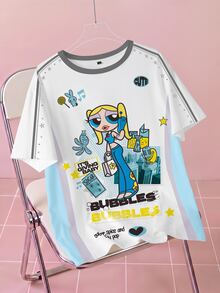 THE POWERPUFF GIRLS X SHEIN Plus Size Summer Casual Colorblock Patchwork Cartoon Print T-Shirt - White - View 1