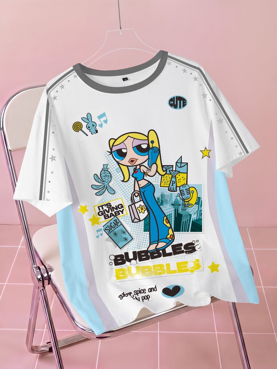 THE POWERPUFF GIRLS X SHEIN Plus Size Summer Casual Colorblock Patchwork Cartoon Print T-Shirt - White - View 1
