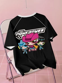THE POWERPUFF GIRLS X SHEIN Plus Size Summer Casual Cartoon Print T-Shirt - White - View 2