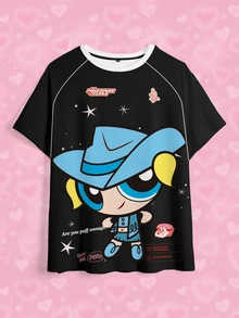 THE POWERPUFF GIRLS X SHEIN Plus Size Summer Casual Cartoon Print T-Shirt - White - View 1