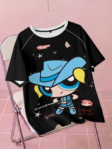 THE POWERPUFF GIRLS X SHEIN Plus Size Summer Casual Cartoon Print T-Shirt - White - View 6