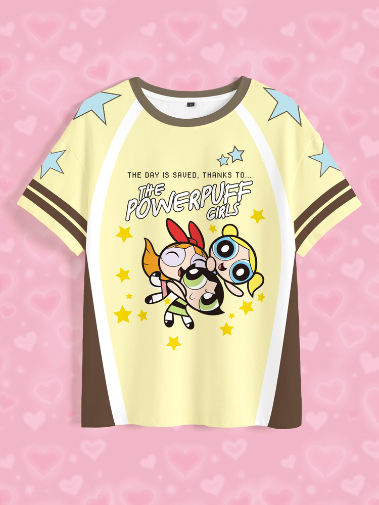 THE POWERPUFF GIRLS X SHEIN 女款夏季休閒卡通印花T恤 - 白色 - 查看 7