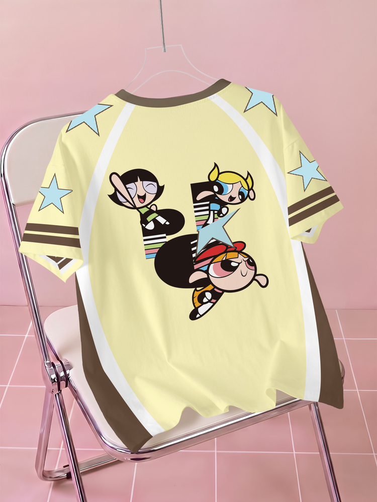 THE POWERPUFF GIRLS X SHEIN 女款夏季休閒卡通印花T恤 - 白色 - 查看 2