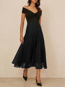 BELROSIE French Fashion Elegant Lady Texture Fabric Oversized Hem Design Skirt, Suitable For Dating & Vacation - Black - View 3