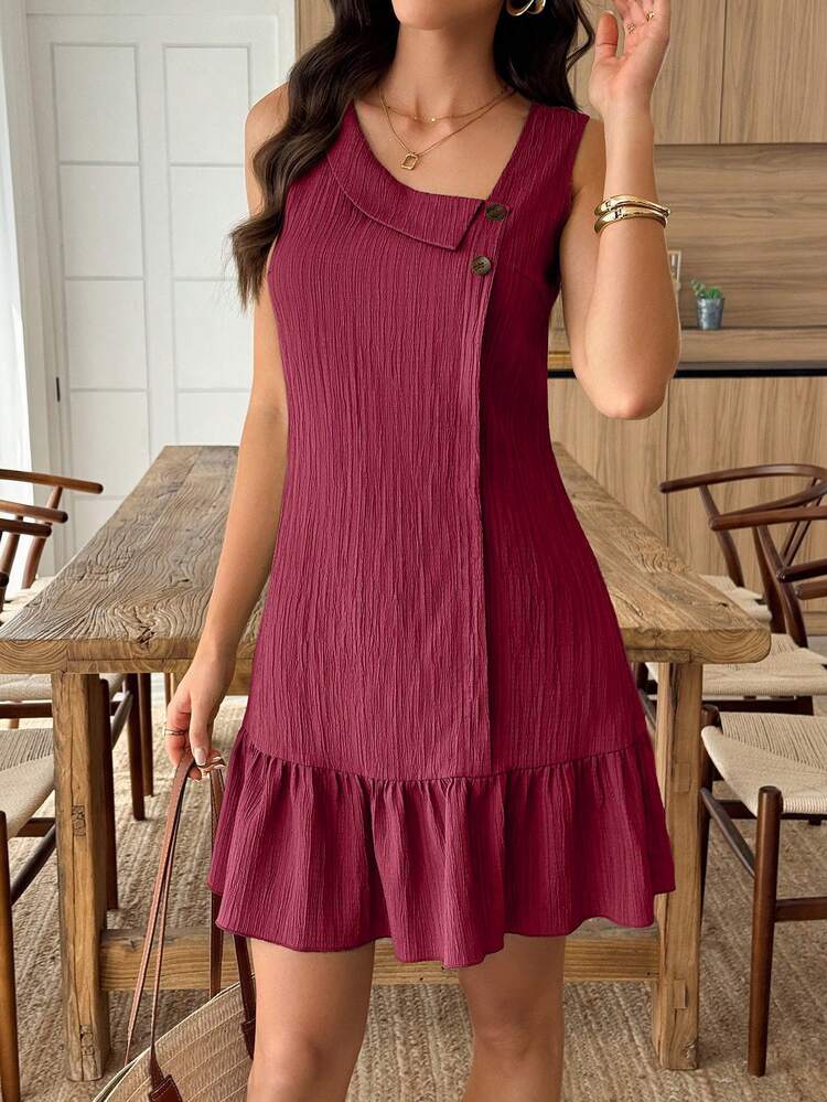 Yunfilé Women's Asymmetric Collar Button Textured Fabric Ruffle Hem A-Line Mini Dress, Casual Summer Holiday - Burgundy - View 5